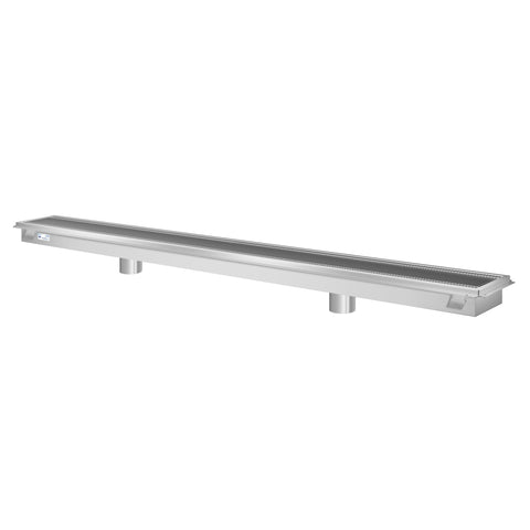 12" x 96" Stainless Steel Floor Trough Drain, 14-Gauge with Subway-Style Grating & Removable Drain Basket, NSF Listed (KM-FTG-1296)