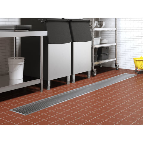 12" x 96" Stainless Steel Floor Trough Drain, 14-Gauge with Subway-Style Grating & Removable Drain Basket, NSF Listed (KM-FTG-1296)