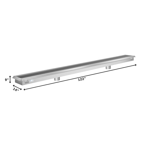 12" x 120" Stainless Steel Floor Trough Drain, 14-Gauge with Subway-Style Grating & Removable Drain Basket, NSF Listed (KM-FTG-12120)