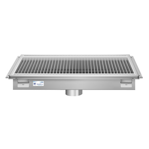 18" x 30" Stainless Steel Floor Trough Drain, 14-Gauge with Subway-Style Grating & Removable Drain Basket, NSF Listed (KM-FTG-1830)