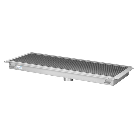 18" x 48" Stainless Steel Floor Trough Drain, 14-Gauge with Subway-Style Grating & Removable Drain Basket, NSF Listed (KM-FTG-1848)