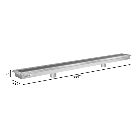 12" x 108" Stainless Steel Floor Trough Drain, 14-Gauge with Subway-Style Grating & Removable Drain Basket, NSF Listed (KM-FTG-12108)