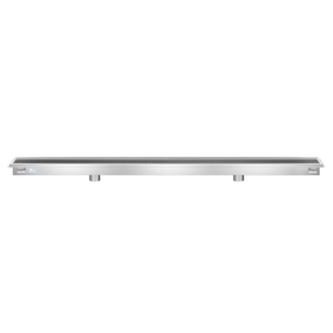 12" x 108" Stainless Steel Floor Trough Drain, 14-Gauge with Subway-Style Grating & Removable Drain Basket, NSF Listed (KM-FTG-12108)