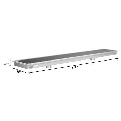 18" x 120" Stainless Steel Floor Trough Drain, 14-Gauge with Subway-Style Grating & Removable Drain Basket, NSF Listed (KM-FTG-18120)