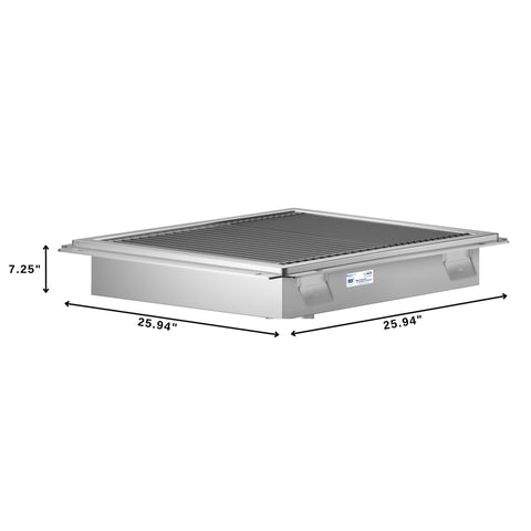 24" x 24" Stainless Steel Floor Trough Drain, 14-Gauge with Subway-Style Grating & Removable Drain Basket, NSF Listed (KM-FTG-2424)