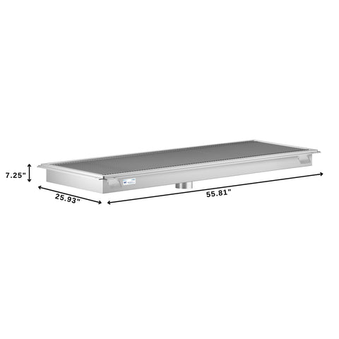 24" x 54" Stainless Steel Floor Trough Drain, 14-Gauge with Subway-Style Grating & Removable Drain Basket, NSF Listed (KM-FTG-2454)