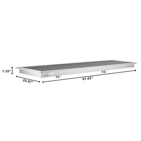 24" x 96" Stainless Steel Floor Trough Drain, 14-Gauge with Subway-Style Grating & Removable Drain Basket, NSF Listed (KM-FTG-2496)