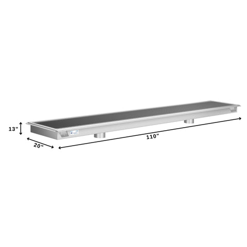 18" x 108" Stainless Steel Floor Trough Drain, 14-Gauge with Subway-Style Grating & Removable Drain Basket, NSF Listed (KM-FTG-18108)