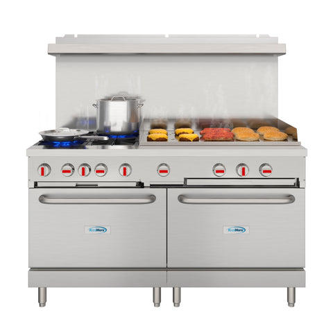 60 in. Commercial Natural Gas Range – 4 Burners, 36 in. Griddle, 2 Standard Ovens in Stainless-Steel (KM-CRG364-NG)