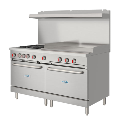 60 in. Commercial Natural Gas Range – 4 Burners, 36 in. Griddle, 2 Standard Ovens in Stainless-Steel (KM-CRG364-NG)