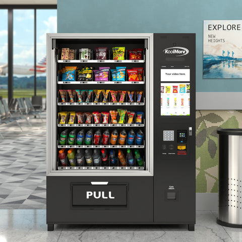 Snack Vending Machine with 21.5 Inch Touch Display, 66 Slots and Elevator-Lift Dispensing System,Refrigerated, Bill and Coin Acceptor, Credit Card Reader, Wifi and 4G Connectivity in Black (KM-VMRWT-66EBCR)