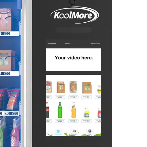 Snack Vending Machine with 21.5 Inch Touch Display, 66 Slots and Elevator-Lift Dispensing System, Refrigerated, Bill Acceptor and Credit Card Reader, Wifi and 4G Connectivity in Black (KM-VMRWT-66EBR)
