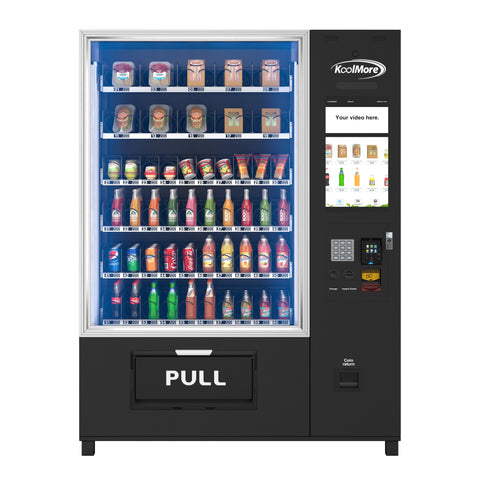 Snack Vending Machine with 21.5 Inch Touch Display, 66 Slots and Elevator-Lift Dispensing System,Refrigerated, Bill and Coin Acceptor, Credit Card Reader, Wifi and 4G Connectivity in Black (KM-VMRWT-66EBCR)