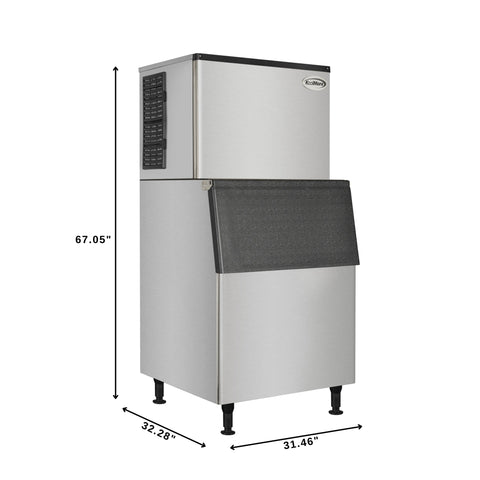 Commercial Ice Machine 500 lb/24hr, Air-Cooled, 375 lb Storage Bin, Freestanding, ETL Listed in Stainless-Steel and Black (KM-CIM-500)