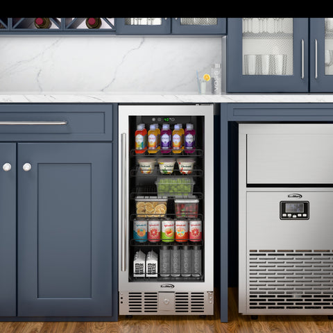 15 in. Small Stainless Steel, Glass-Door Built-In Refrigerator and Beverage Cooler, 3 cu. ft. - KM-BIR3C-GD.