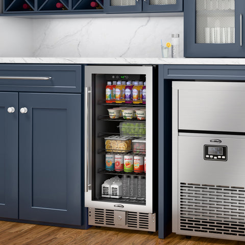 15 in. Small Stainless Steel, Glass-Door Built-In Refrigerator and Beverage Cooler, 3 cu. ft. - KM-BIR3C-GD.