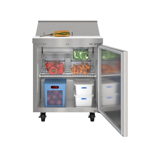 27 in. Commercial 1-Door Refrigerated Salad and Sandwich Prep Table, 8 Pan Capacity and 8 Cu. Ft. of Storage in Stainless-Steel (KM-PTR27-1D)