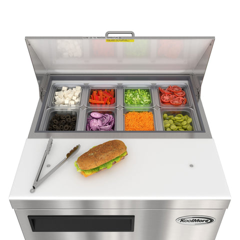 27 in. Commercial 1-Door Refrigerated Salad and Sandwich Prep Table, 8 Pan Capacity and 8 Cu. Ft. of Storage in Stainless-Steel (KM-PTR27-1D)