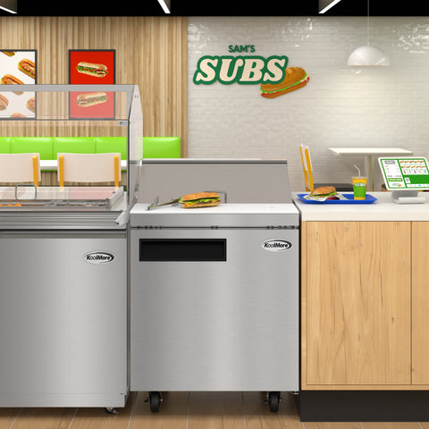 27 in. Commercial 1-Door Refrigerated Salad and Sandwich Prep Table, 8 Pan Capacity and 8 Cu. Ft. of Storage in Stainless-Steel (KM-PTR27-1D)