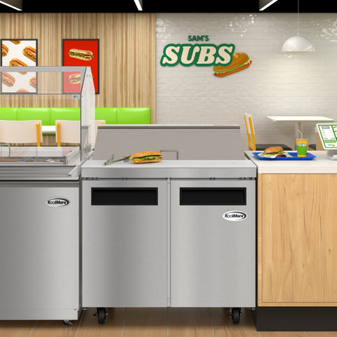 36 in. Commercial 2-Door Refrigerated Salad and Sandwich Prep Table, 10 Pan Capacity and 11 Cu. Ft. of Storage in Stainless-Steel (KM-PTR36-2D)