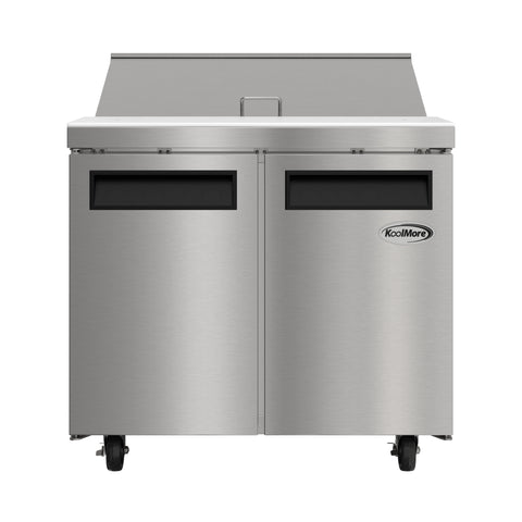 36 in. Commercial 2-Door Refrigerated Salad and Sandwich Prep Table, 10 Pan Capacity and 11 Cu. Ft. of Storage in Stainless-Steel (KM-PTR36-2D)