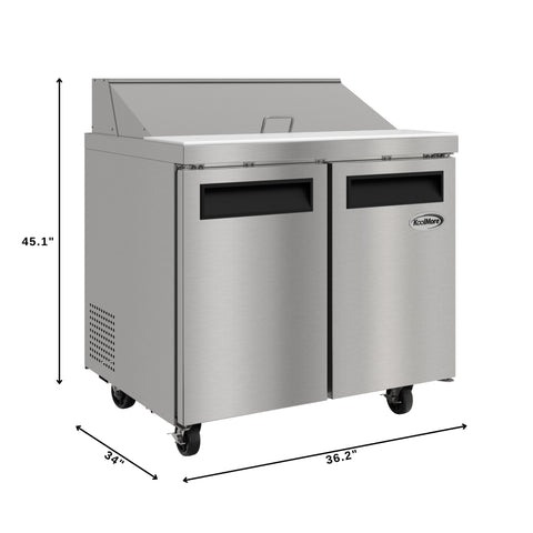 36 in. Commercial 2-Door Refrigerated Salad and Sandwich Prep Table, 10 Pan Capacity and 11 Cu. Ft. of Storage in Stainless-Steel (KM-PTR36-2D)