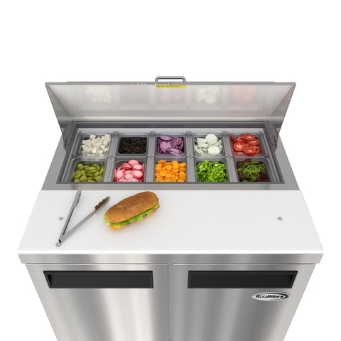 36 in. Commercial 2-Door Refrigerated Salad and Sandwich Prep Table, 10 Pan Capacity and 11 Cu. Ft. of Storage in Stainless-Steel (KM-PTR36-2D)