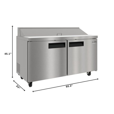 60 in. Commercial 2-Door Refrigerated Salad and Sandwich Prep Table, 16 Pan Capacity and 18.4 Cu. Ft. of Storage in Stainless-Steel (KM-PTR60-2D)