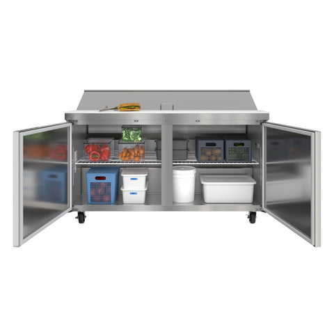 60 in. Commercial 2-Door Refrigerated Salad and Sandwich Prep Table, 16 Pan Capacity and 18.4 Cu. Ft. of Storage in Stainless-Steel (KM-PTR60-2D)