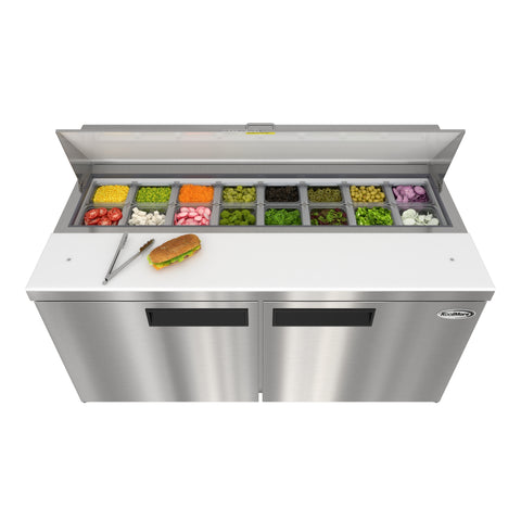 60 in. Commercial 2-Door Refrigerated Salad and Sandwich Prep Table, 16 Pan Capacity and 18.4 Cu. Ft. of Storage in Stainless-Steel (KM-PTR60-2D)