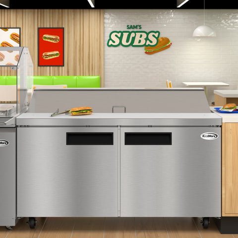 60 in. Commercial 2-Door Refrigerated Salad and Sandwich Prep Table, 16 Pan Capacity and 18.4 Cu. Ft. of Storage in Stainless-Steel (KM-PTR60-2D)