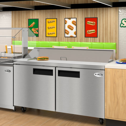 60 in. Commercial 2-Door Refrigerated Salad and Sandwich Prep Table, 16 Pan Capacity and 18.4 Cu. Ft. of Storage in Stainless-Steel (KM-PTR60-2D)