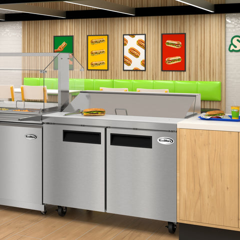 46 in. Commercial 2-Door Refrigeratd Salad and Sandwich Prep Table, 12 Pan Capacity and 14 Cu. Ft. of Storage in Stainless-Steel (KM-PTR46-2D)