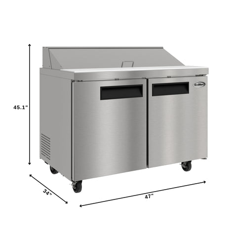 46 in. Commercial 2-Door Refrigeratd Salad and Sandwich Prep Table, 12 Pan Capacity and 14 Cu. Ft. of Storage in Stainless-Steel (KM-PTR46-2D)