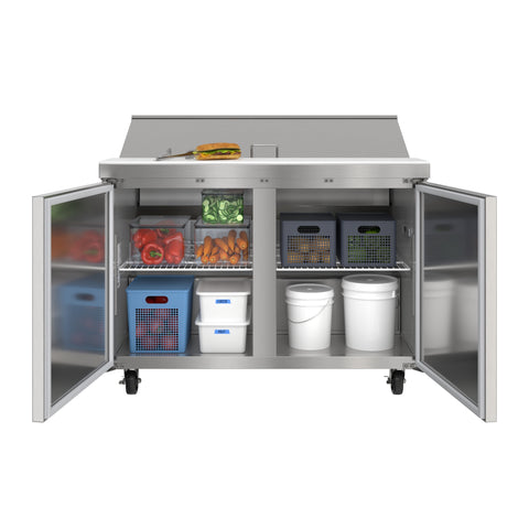 46 in. Commercial 2-Door Refrigeratd Salad and Sandwich Prep Table, 12 Pan Capacity and 14 Cu. Ft. of Storage in Stainless-Steel (KM-PTR46-2D)