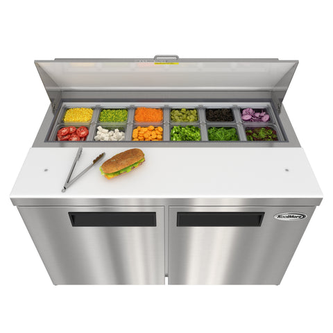 46 in. Commercial 2-Door Refrigeratd Salad and Sandwich Prep Table, 12 Pan Capacity and 14 Cu. Ft. of Storage in Stainless-Steel (KM-PTR46-2D)