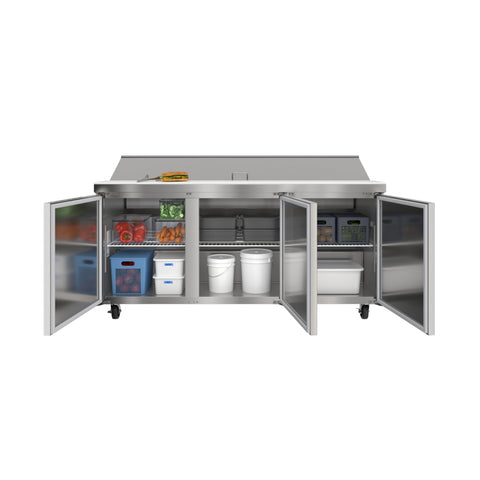 70 in. Commercial 3-Door Refrigerated Salad and Sandwich Prep Table, 18 Pan Capacity and 22 Cu. Ft. of Storage in Stainless-Steel (KM-PTR70-3D)
