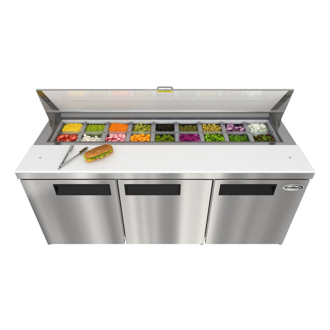 70 in. Commercial 3-Door Refrigerated Salad and Sandwich Prep Table, 18 Pan Capacity and 22 Cu. Ft. of Storage in Stainless-Steel (KM-PTR70-3D)