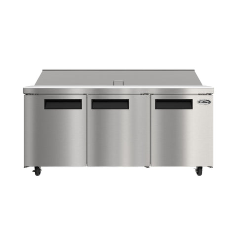 70 in. Commercial 3-Door Refrigerated Salad and Sandwich Prep Table, 18 Pan Capacity and 22 Cu. Ft. of Storage in Stainless-Steel (KM-PTR70-3D)