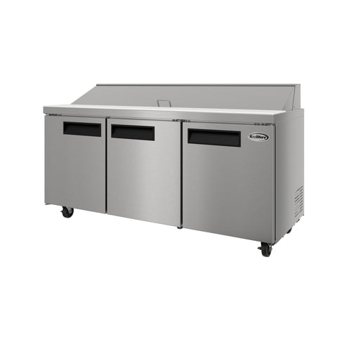 70 in. Commercial 3-Door Refrigerated Salad and Sandwich Prep Table, 18 Pan Capacity and 22 Cu. Ft. of Storage in Stainless-Steel (KM-PTR70-3D)