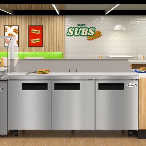 70 in. Commercial 3-Door Refrigerated Salad and Sandwich Prep Table, 18 Pan Capacity and 22 Cu. Ft. of Storage in Stainless-Steel (KM-PTR70-3D)