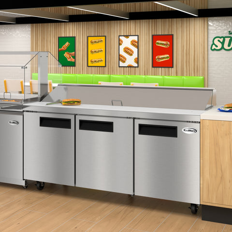 70 in. Commercial 3-Door Refrigerated Salad and Sandwich Prep Table, 18 Pan Capacity and 22 Cu. Ft. of Storage in Stainless-Steel (KM-PTR70-3D)