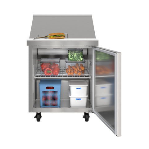 27 in. Commercial 1-Door Refrigerated Mega Salad and Sandwich Prep Table, 12 Pan Capacity and 8 Cu. Ft. of Storage in Stainless-Steel (KM-MPTR27-1D)