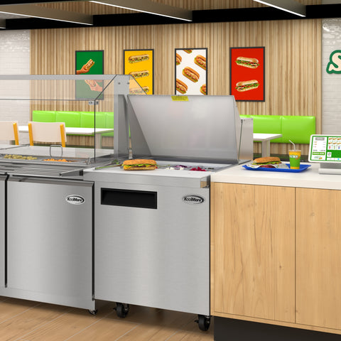 27 in. Commercial 1-Door Refrigerated Mega Salad and Sandwich Prep Table, 12 Pan Capacity and 8 Cu. Ft. of Storage in Stainless-Steel (KM-MPTR27-1D)