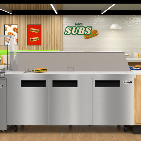 70 in. Commercial 3-Door Refrigerated Mega Salad and Sandwich Prep Table, 30 Pan Capacity and 22 Cu. Ft. of Storage in Stainless-Steel (KM-MPTR70-3D)