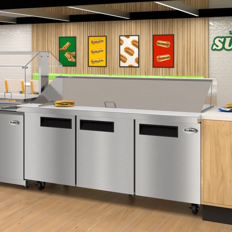 70 in. Commercial 3-Door Refrigerated Mega Salad and Sandwich Prep Table, 30 Pan Capacity and 22 Cu. Ft. of Storage in Stainless-Steel (KM-MPTR70-3D)