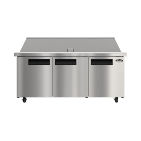 70 in. Commercial 3-Door Refrigerated Mega Salad and Sandwich Prep Table, 30 Pan Capacity and 22 Cu. Ft. of Storage in Stainless-Steel (KM-MPTR70-3D)