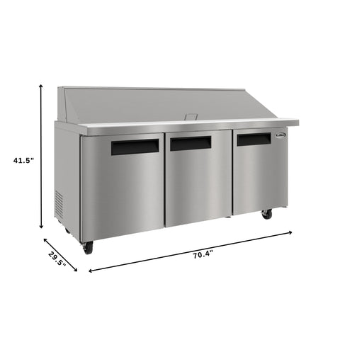 70 in. Commercial 3-Door Refrigerated Mega Salad and Sandwich Prep Table, 30 Pan Capacity and 22 Cu. Ft. of Storage in Stainless-Steel (KM-MPTR70-3D)
