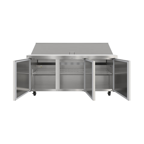 70 in. Commercial 3-Door Refrigerated Mega Salad and Sandwich Prep Table, 30 Pan Capacity and 22 Cu. Ft. of Storage in Stainless-Steel (KM-MPTR70-3D)