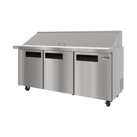 70 in. Commercial 3-Door Refrigerated Mega Salad and Sandwich Prep Table, 30 Pan Capacity and 22 Cu. Ft. of Storage in Stainless-Steel (KM-MPTR70-3D)